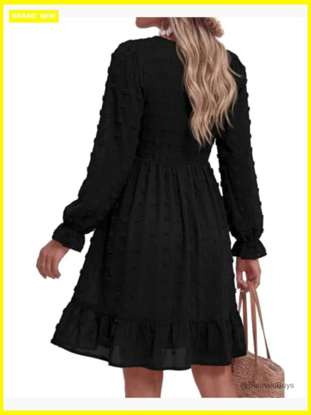 Long Sleeve V Neck Swiss Dot Smocked Ruffle Chiffon Flow Mini Dress